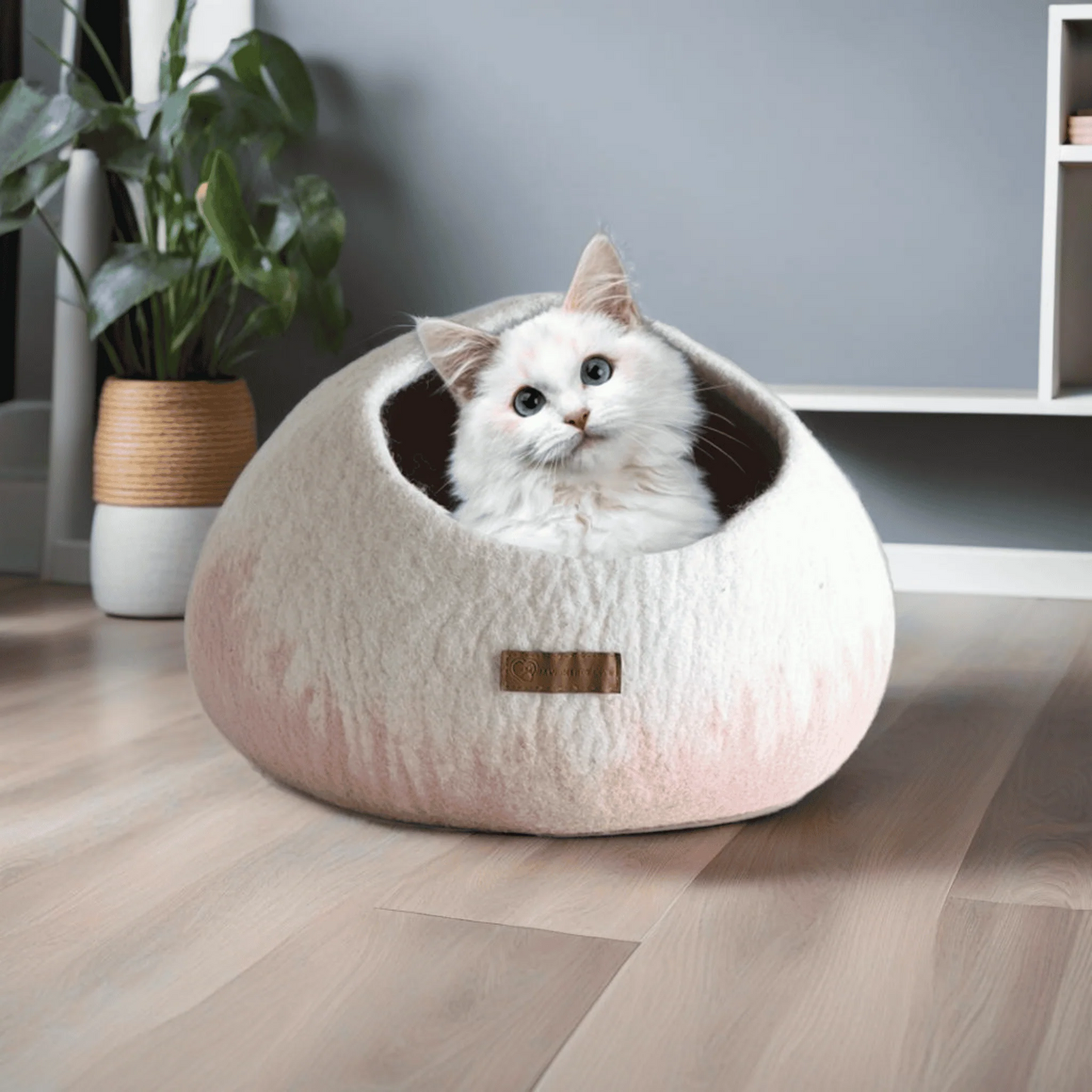 Handmade 100% Pure Merino Wool Calming Cat Cave Bed Pink-White